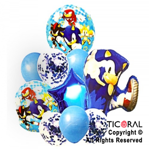 SET DE GLOBOS METALIZADOS SONIC Y LATEX CON CONFETI x 10 UNIDADES